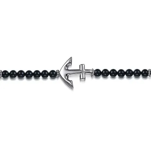 Sterling Silver & Onyx Beaded Bracelet with Anchor 8"