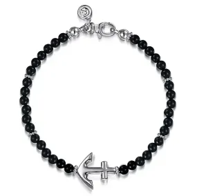 Sterling Silver & Onyx Beaded Bracelet with Anchor 8"