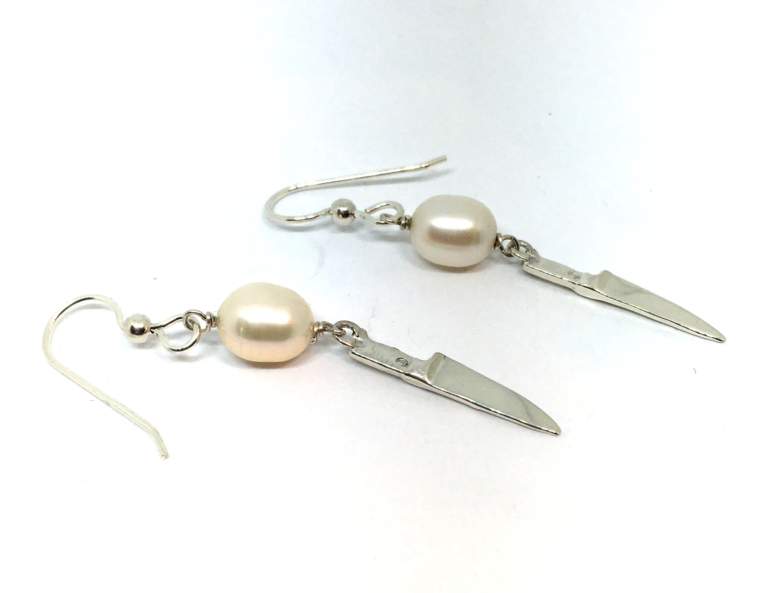 Sterling Silver Chef Knife Earrings with Pearl