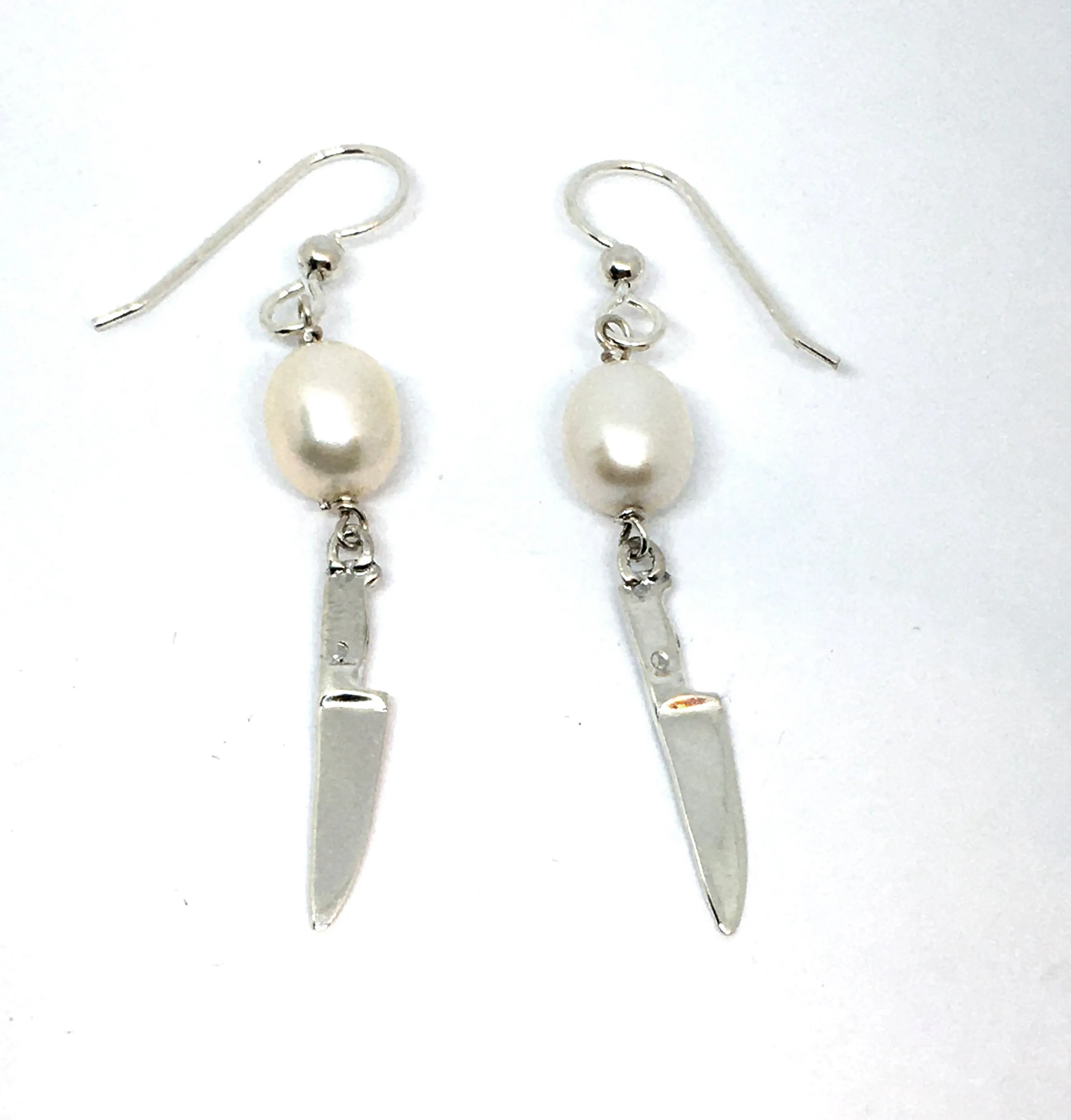 Sterling Silver Chef Knife Earrings with Pearl