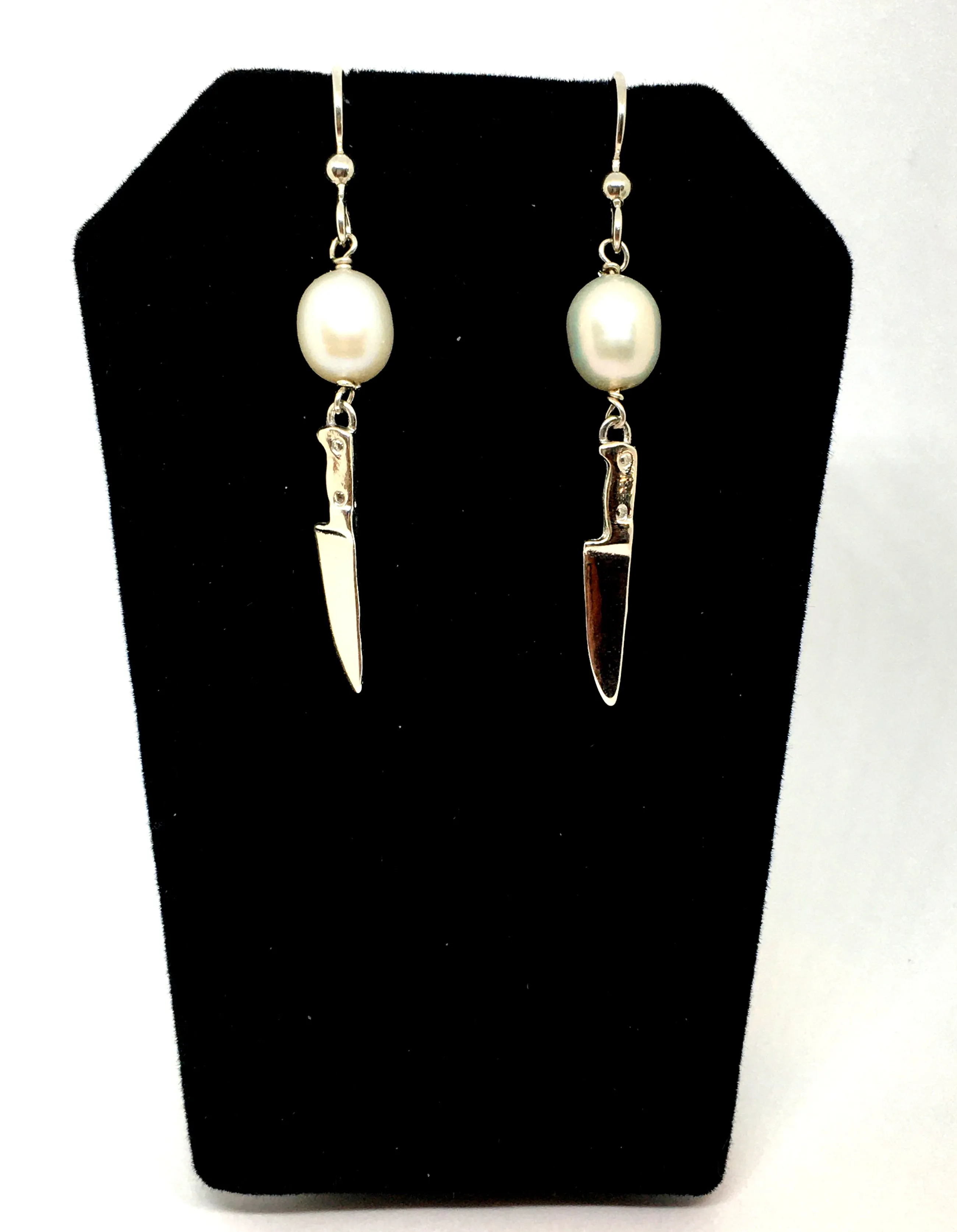 Sterling Silver Chef Knife Earrings with Pearl