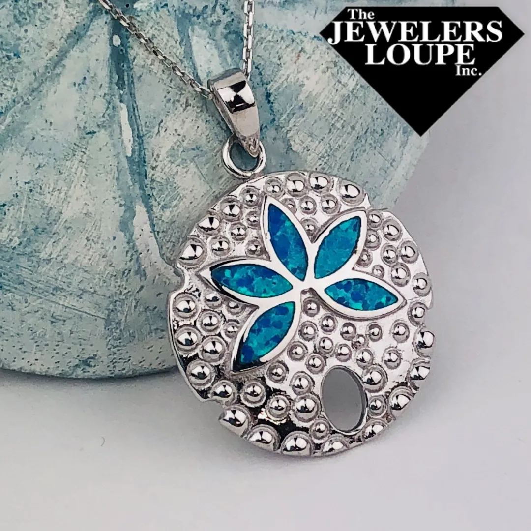 Sterling Silver Created Blue Opal Inlay Sand Dollar Necklace (91304)