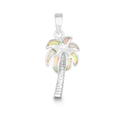 Sterling Silver Created White Opal Inlay Palm Tree Pendant (82219)