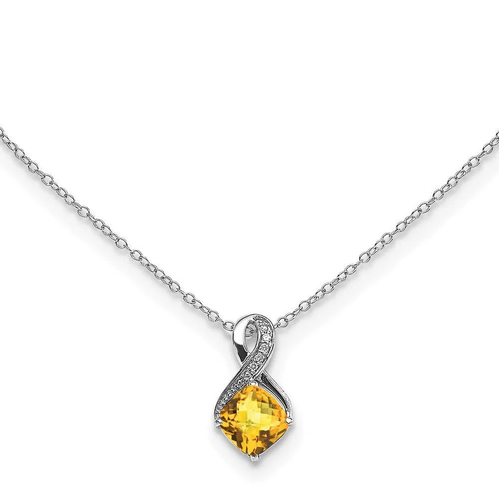 Sterling Silver Cushion Cut Citrine & Diamond Pendant 18" Necklace