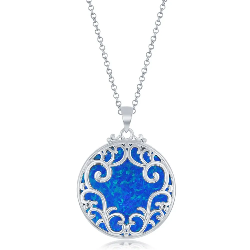 Sterling Silver Filigree with Blue Created Opal Necklace (97587)