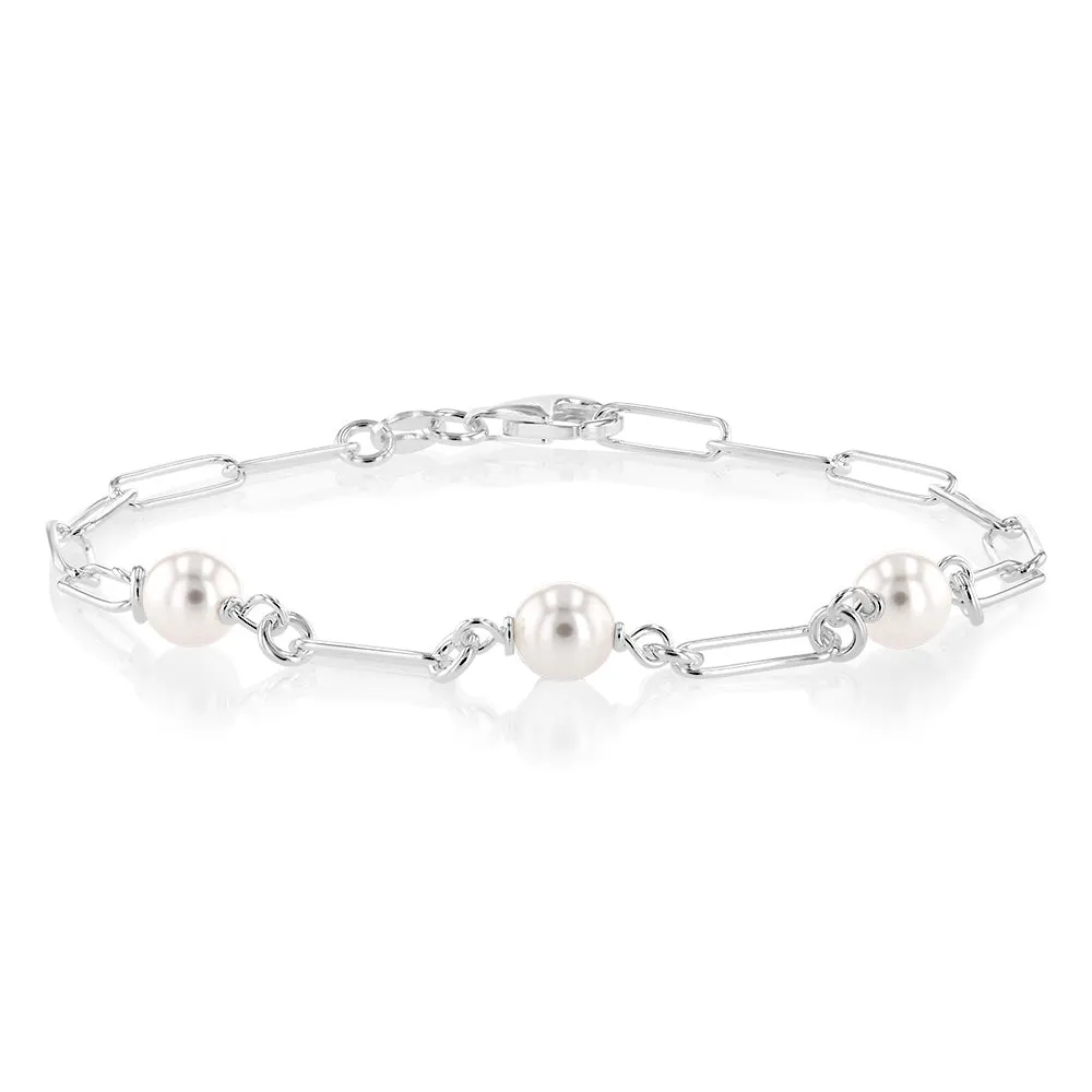 Sterling Silver Fresh Water Pearl Paperclip 19cm Bracelet