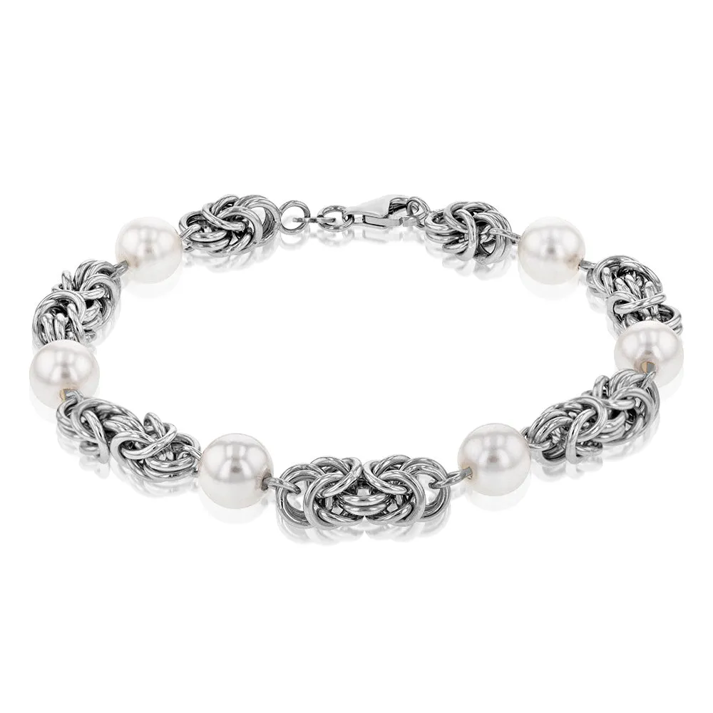 Sterling Silver Rhodium Finish Pearl And Silver Mesh 19cm Bracelet