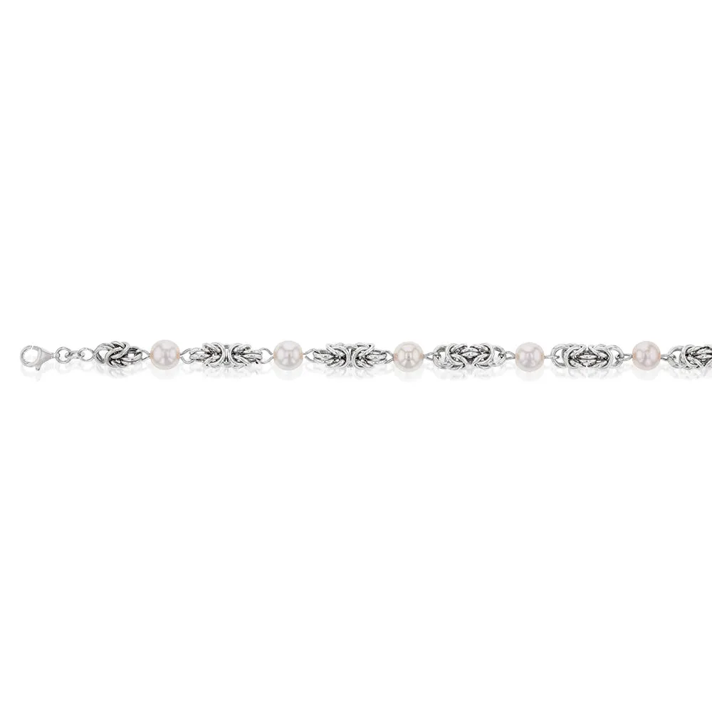 Sterling Silver Rhodium Finish Pearl And Silver Mesh 19cm Bracelet