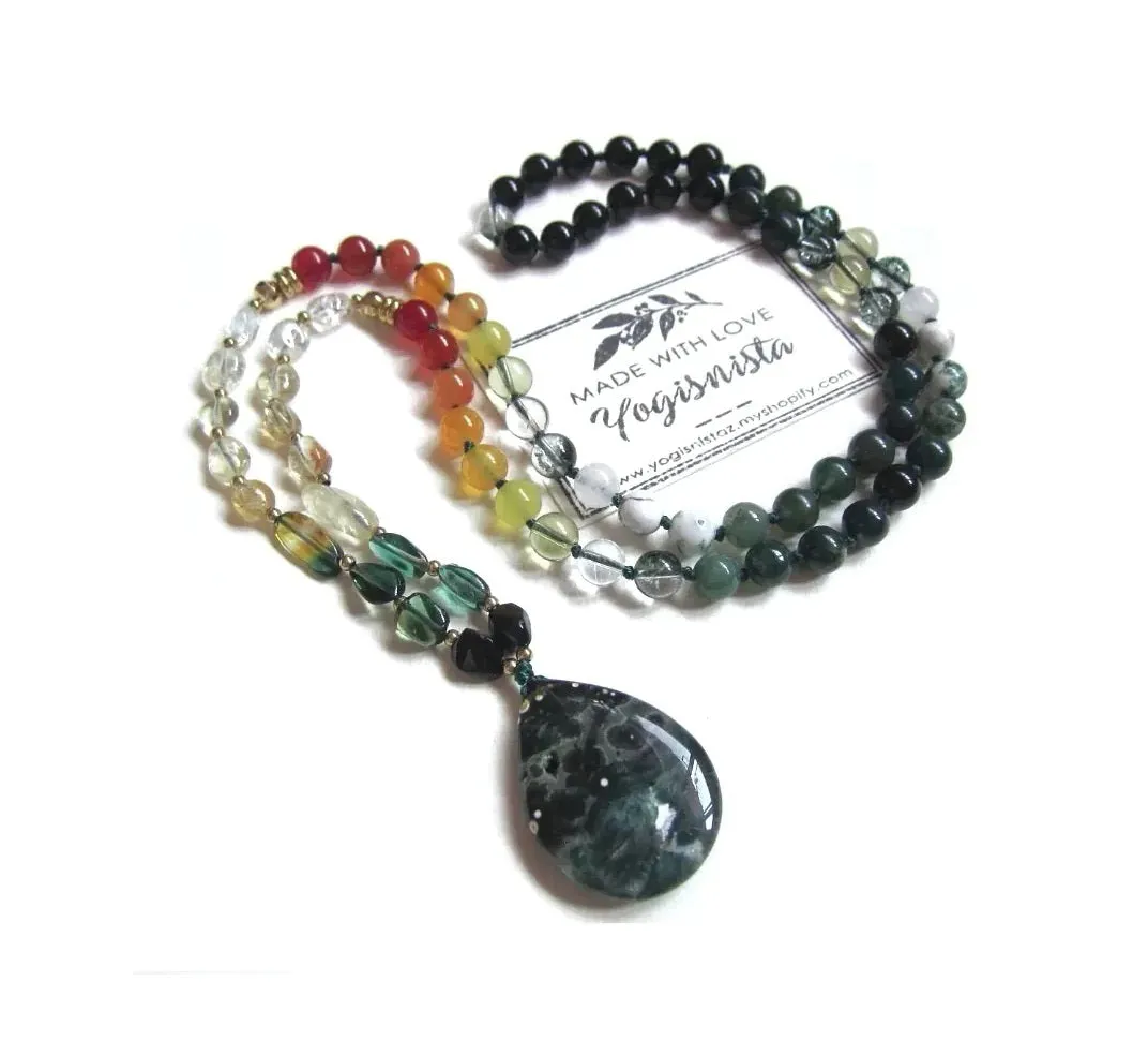 Stunning Chakra Gems in Dark Green Emerald Jasper Pendant