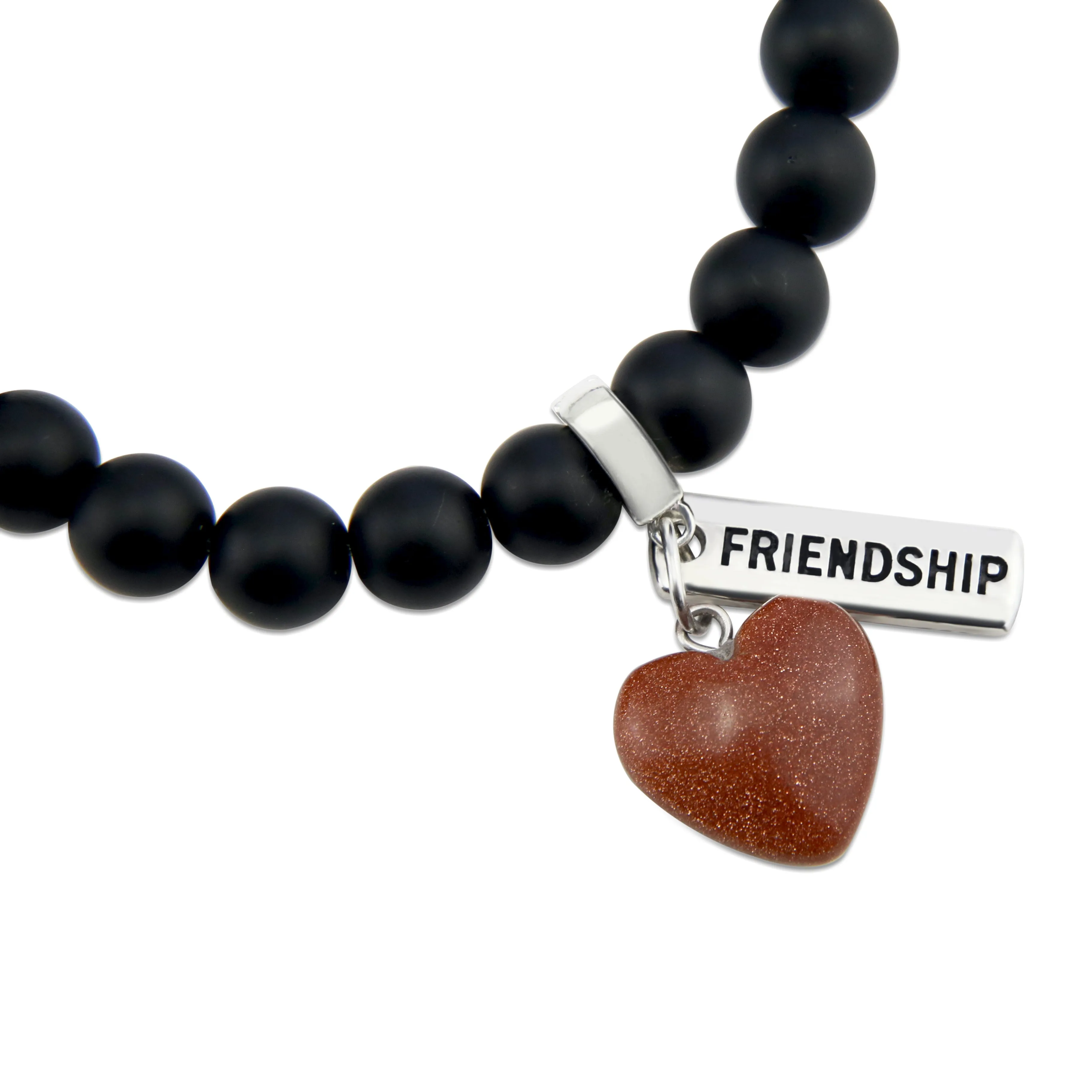 SWEETHEART Bracelet - 8mm MATT BLACK ONYX stone beads with Small COPPER SANDSTONE SPARKLE Heart & Word Charm