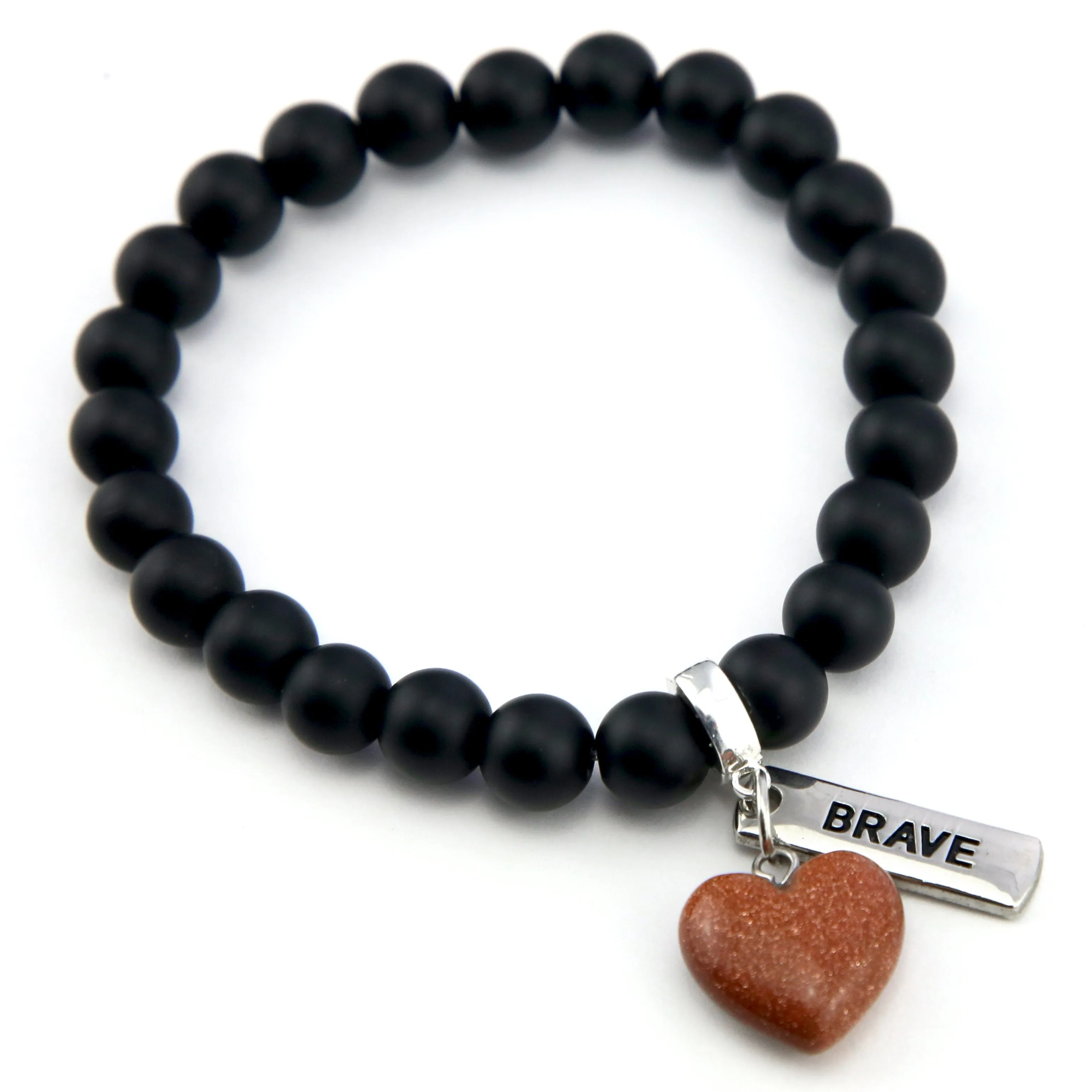 SWEETHEART Bracelet - 8mm MATT BLACK ONYX stone beads with Small COPPER SANDSTONE SPARKLE Heart & Word Charm