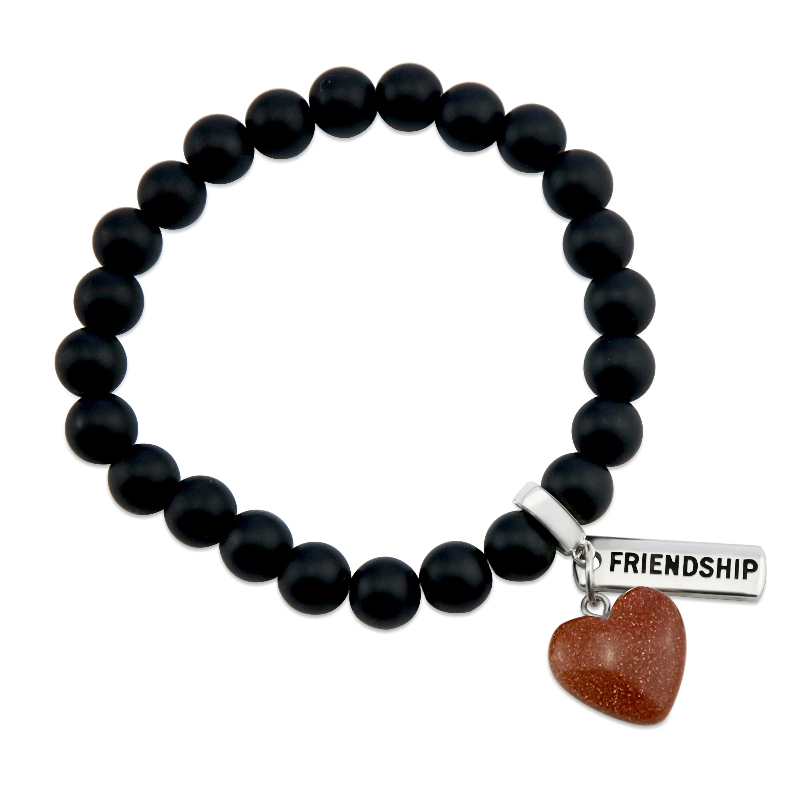 SWEETHEART Bracelet - 8mm MATT BLACK ONYX stone beads with Small COPPER SANDSTONE SPARKLE Heart & Word Charm