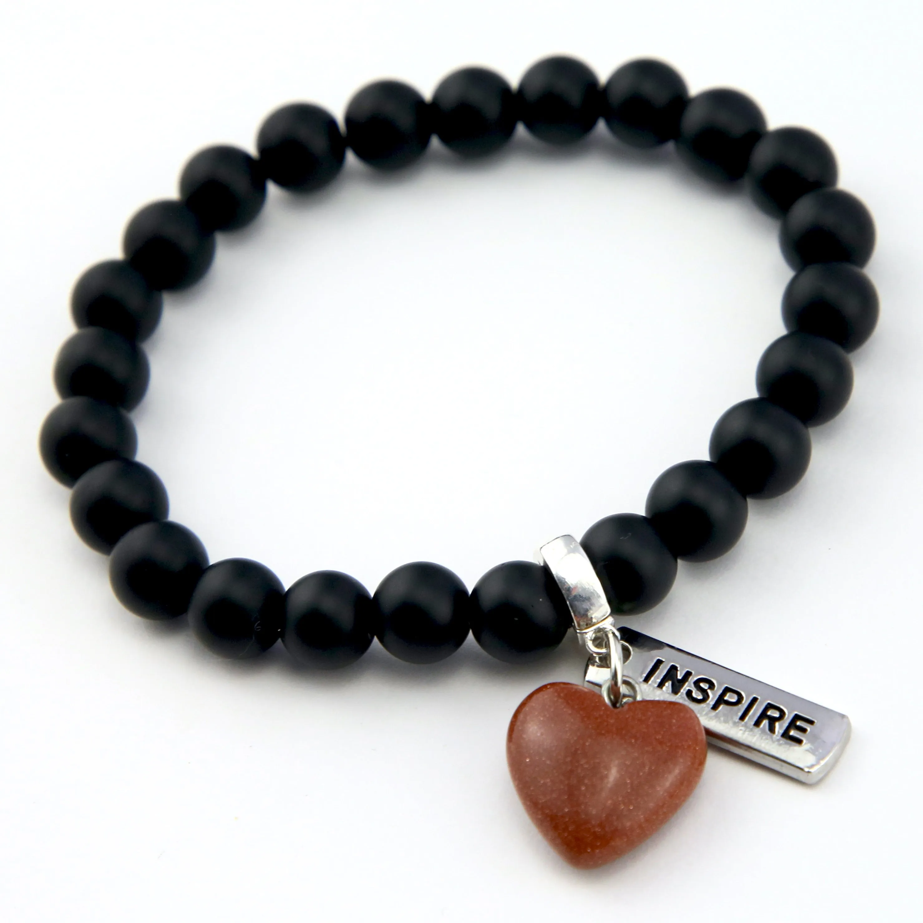 SWEETHEART Bracelet - 8mm MATT BLACK ONYX stone beads with Small COPPER SANDSTONE SPARKLE Heart & Word Charm