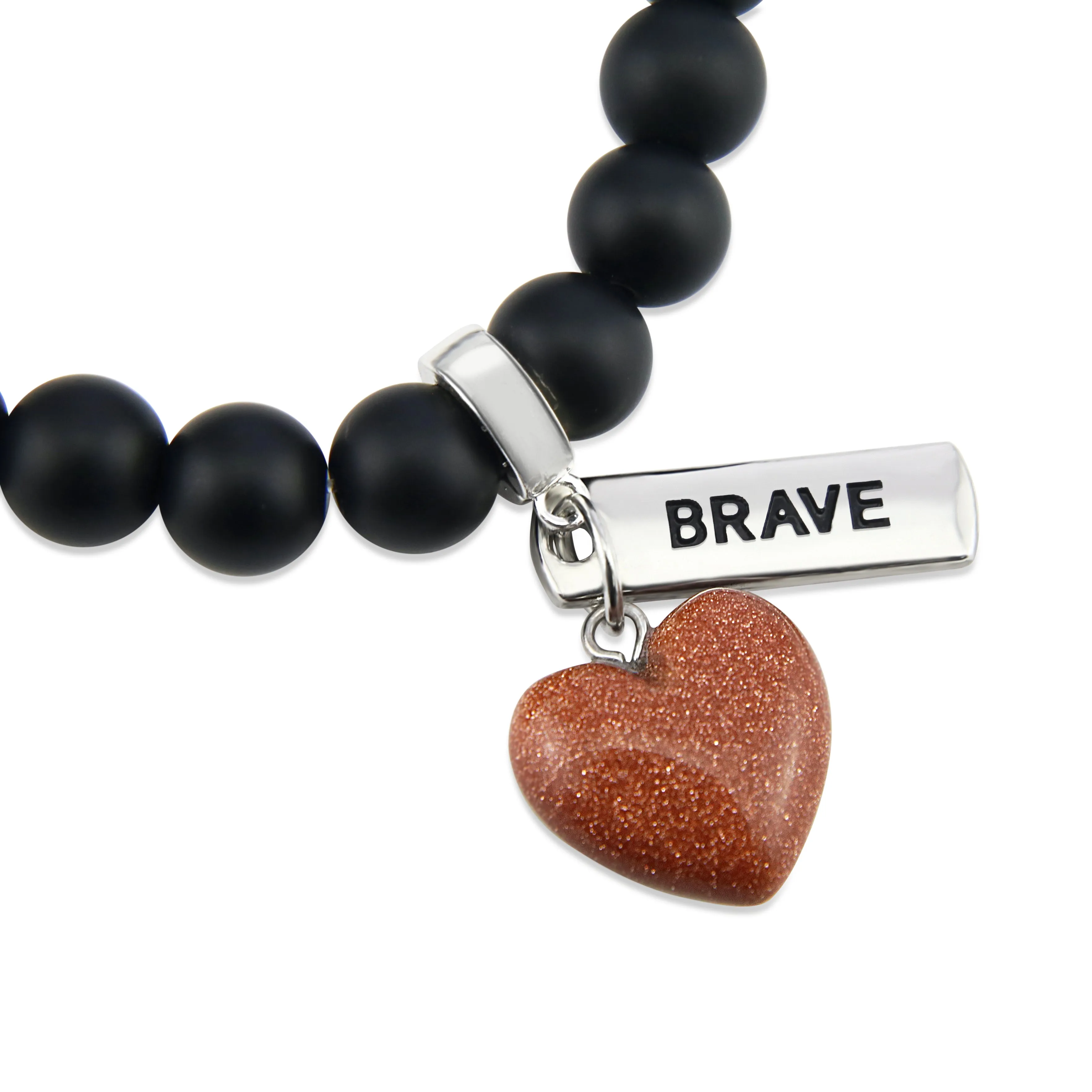 SWEETHEART Bracelet - 8mm MATT BLACK ONYX stone beads with Small COPPER SANDSTONE SPARKLE Heart & Word Charm