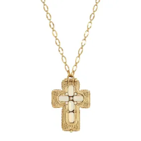 Symbols Of Faith Glass Stone Faux Pearl Cross Reliquary Pendant Necklace 32"