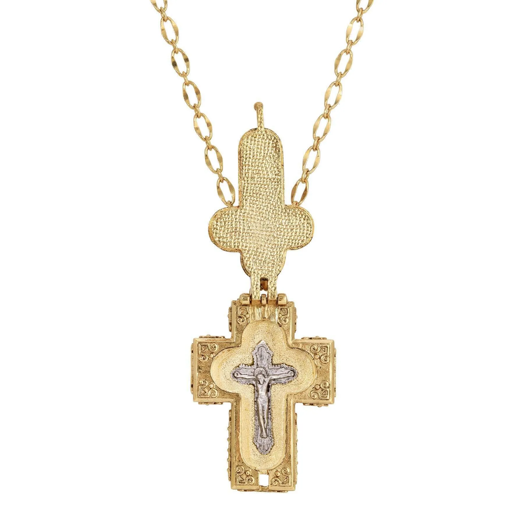 Symbols Of Faith Glass Stone Faux Pearl Cross Reliquary Pendant Necklace 32"