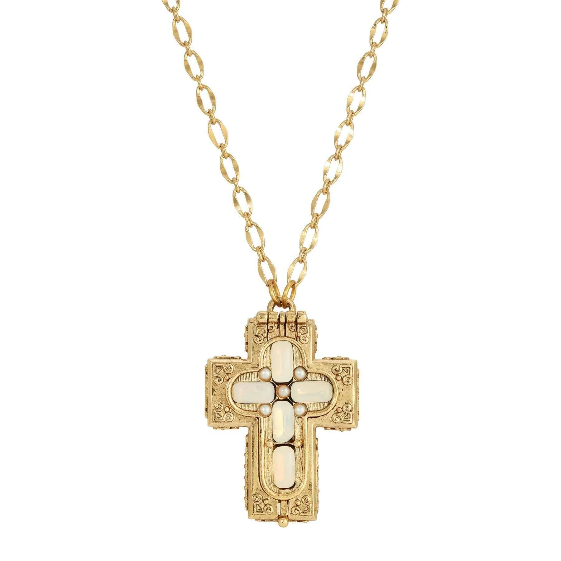 Symbols Of Faith Glass Stone Faux Pearl Cross Reliquary Pendant Necklace 32"