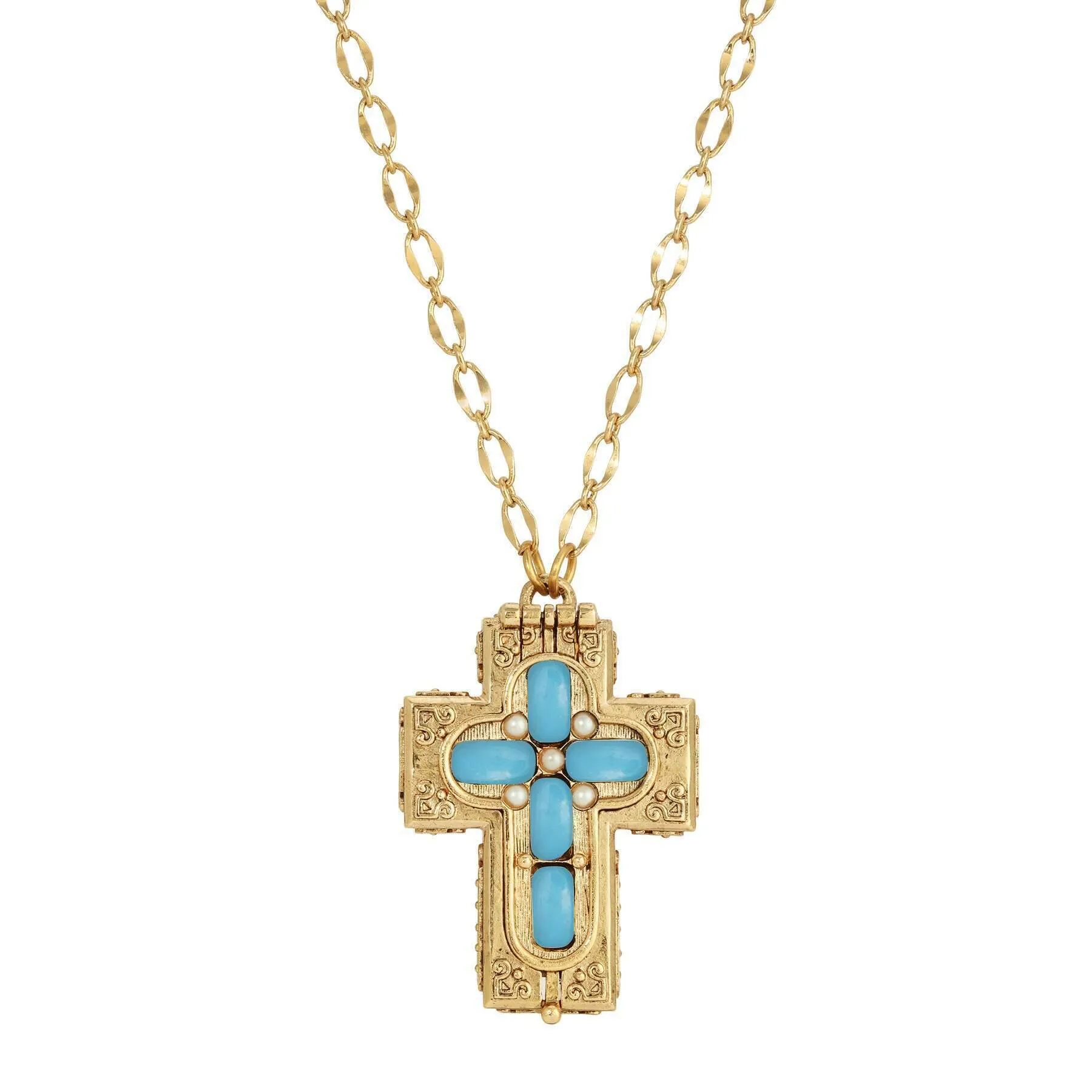 Symbols Of Faith Glass Stone Faux Pearl Cross Reliquary Pendant Necklace 32"