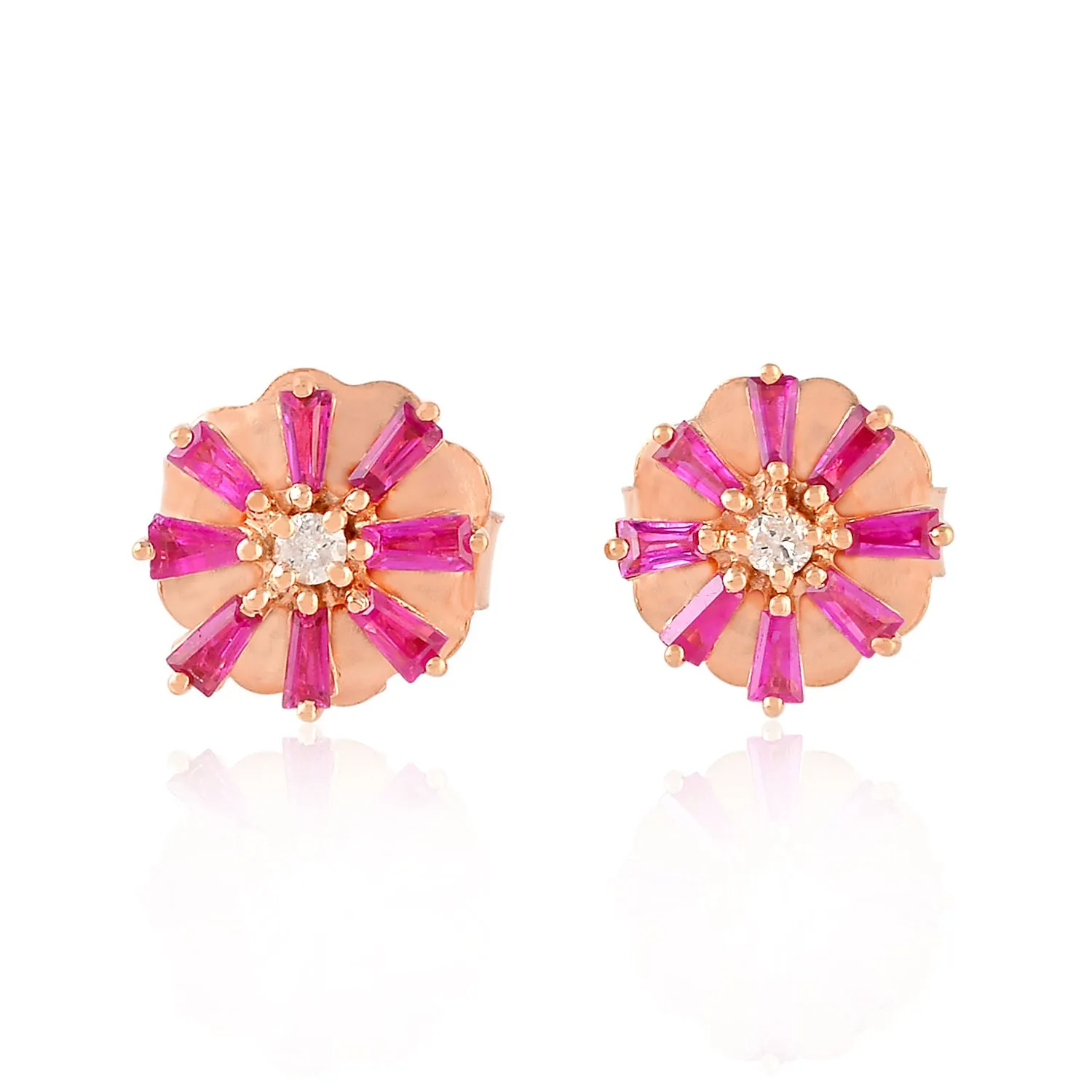 Tapered Baguette Ruby Prong Diamond Flower Stud Earrings In 18k Rose Gold Jewelry For Her