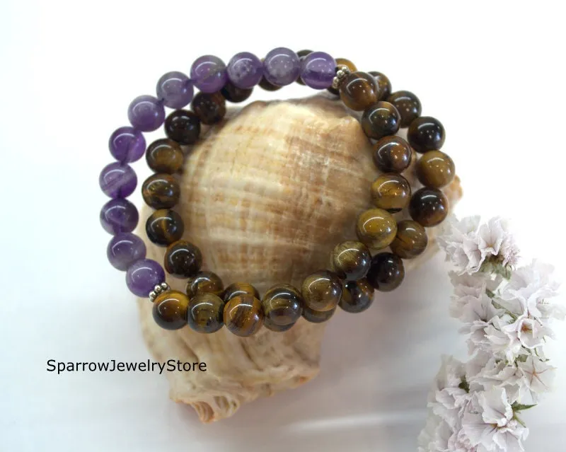 Tiger eye stretch bracelet Adjustable amethyst tiger eye bracelets Protection success talisman Healing crystal bracelet Summer bracelets