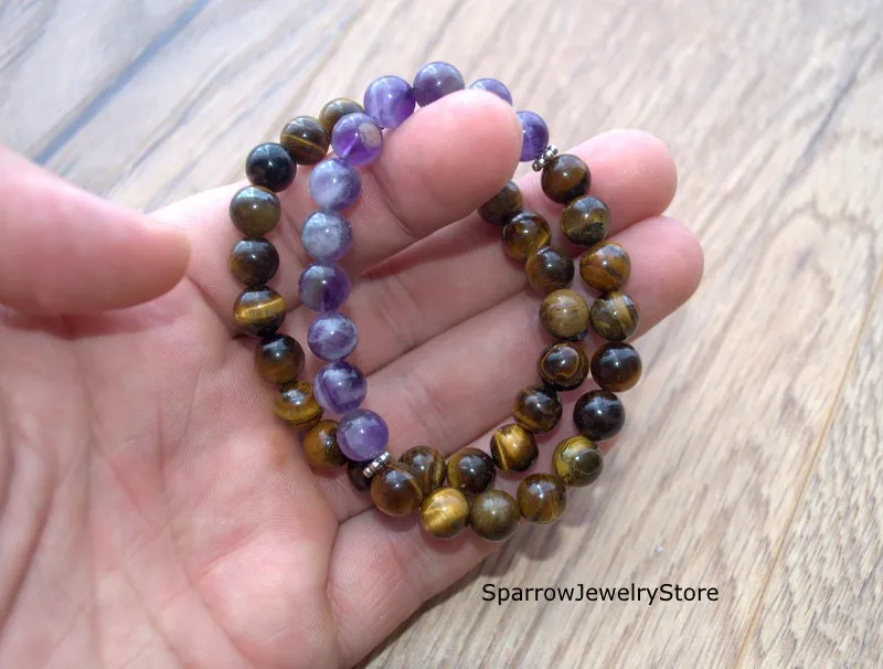 Tiger eye stretch bracelet Adjustable amethyst tiger eye bracelets Protection success talisman Healing crystal bracelet Summer bracelets