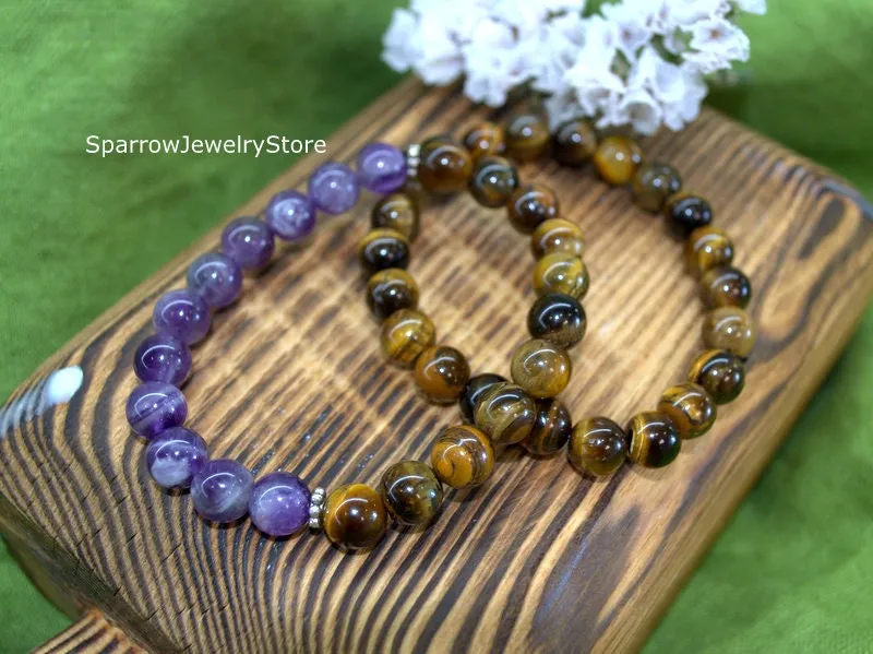 Tiger eye stretch bracelet Adjustable amethyst tiger eye bracelets Protection success talisman Healing crystal bracelet Summer bracelets