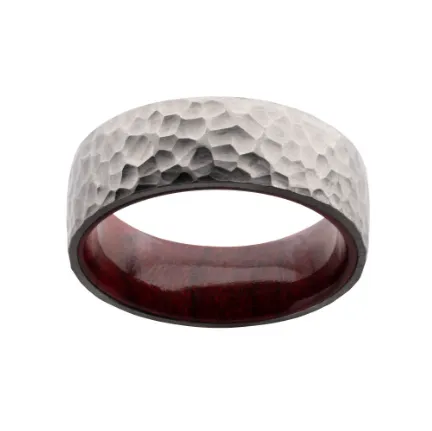 Titanium & Redwood Matte Finish Hammered Comfort Fit Ring, Size 10.5