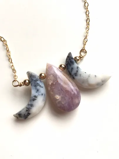 Triple Moon Goddess Necklace - Dendritic Merlenite Opal - Purple Opal Necklace - Orginal Design Crystal Jewelry - Moon Jewelry