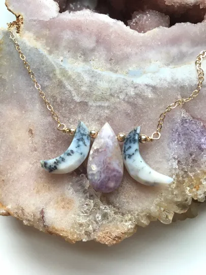 Triple Moon Goddess Necklace - Dendritic Merlenite Opal - Purple Opal Necklace - Orginal Design Crystal Jewelry - Moon Jewelry