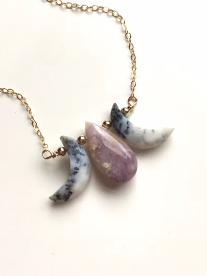 Triple Moon Goddess Necklace - Dendritic Merlenite Opal - Purple Opal Necklace - Orginal Design Crystal Jewelry - Moon Jewelry