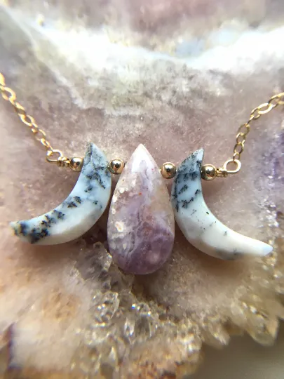 Triple Moon Goddess Necklace - Dendritic Merlenite Opal - Purple Opal Necklace - Orginal Design Crystal Jewelry - Moon Jewelry