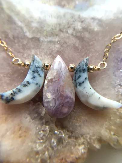 Triple Moon Goddess Necklace - Dendritic Merlenite Opal - Purple Opal Necklace - Orginal Design Crystal Jewelry - Moon Jewelry