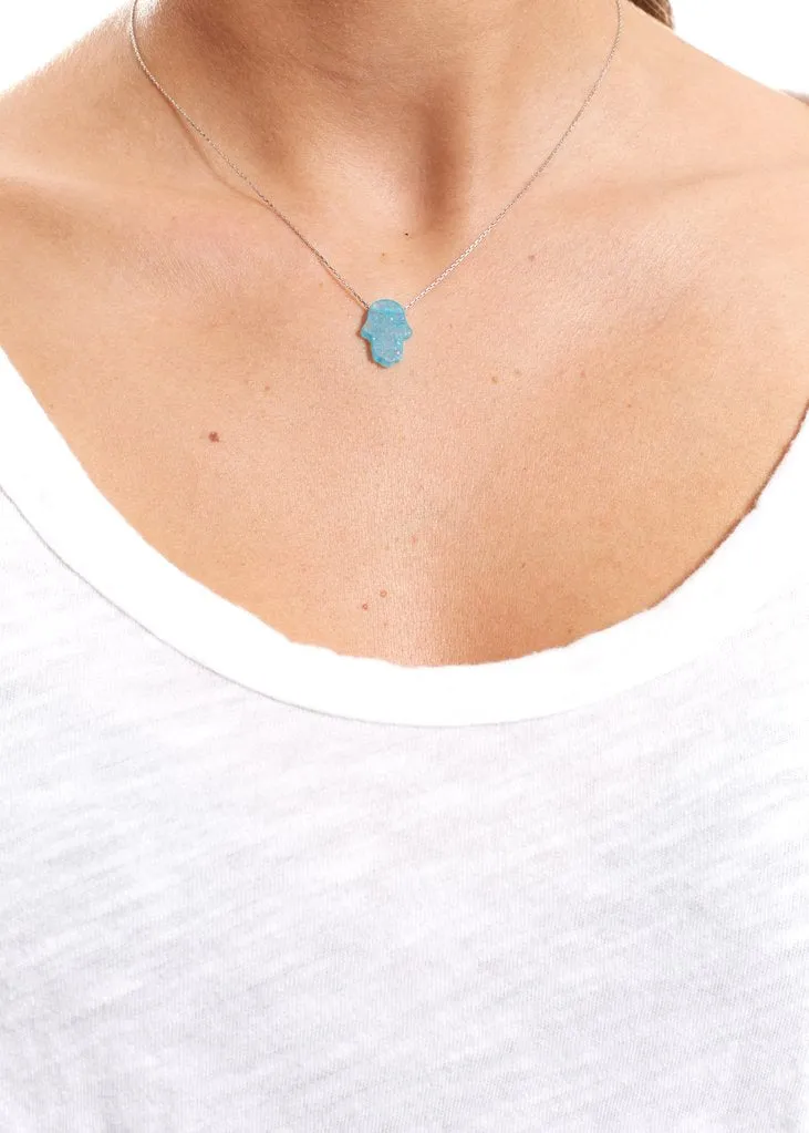 Turquoise Sterling Silver Necklace With Opal Hamsa