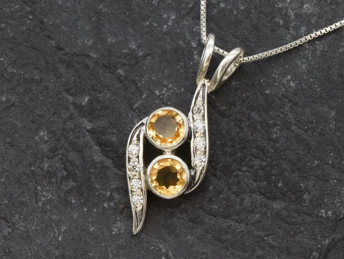 Two Stone Citrine Pendant - Yellow Vintage Necklace - November Birthstone Necklace