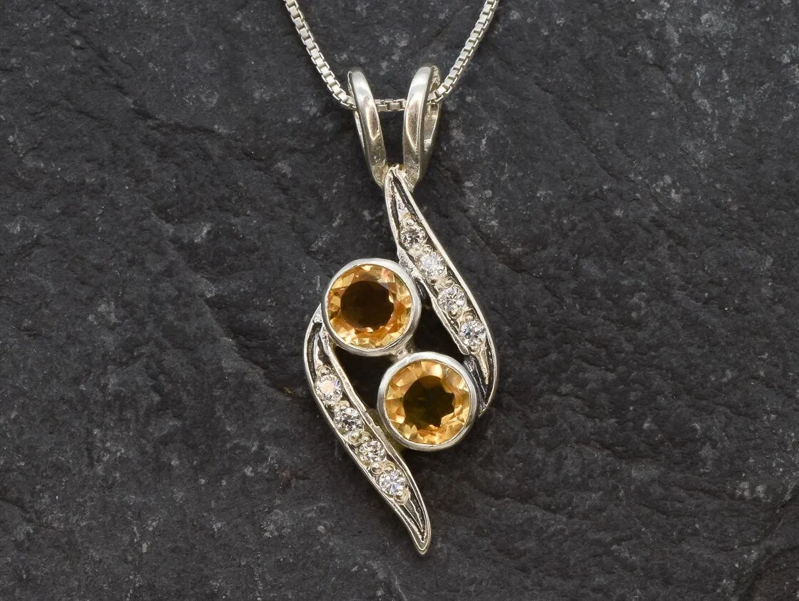 Two Stone Citrine Pendant - Yellow Vintage Necklace - November Birthstone Necklace