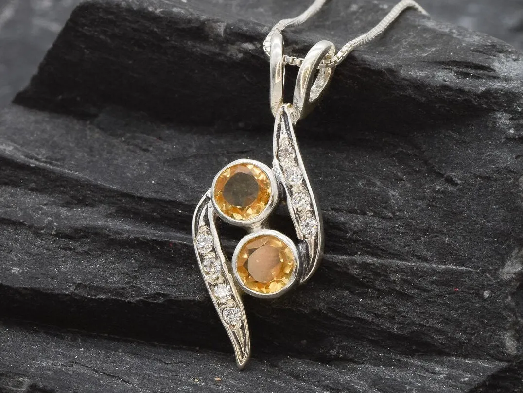 Two Stone Citrine Pendant - Yellow Vintage Necklace - November Birthstone Necklace