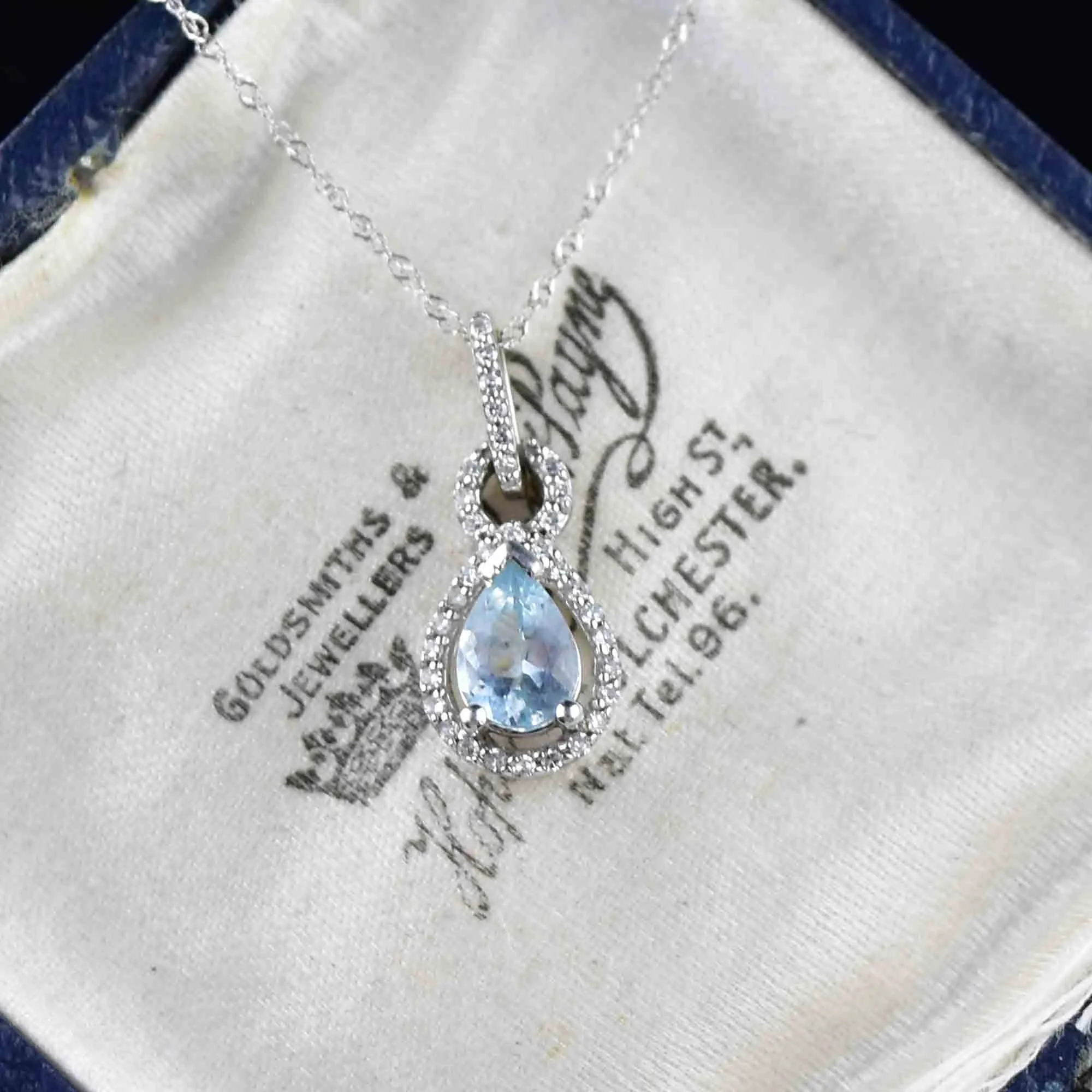 Vintage 10K White Gold Diamond Blue Topaz Pendant Necklace