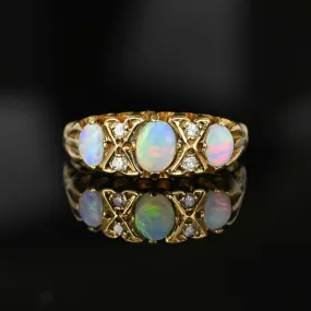 Vintage Gold Diamond and Opal Three Stone Ring Band