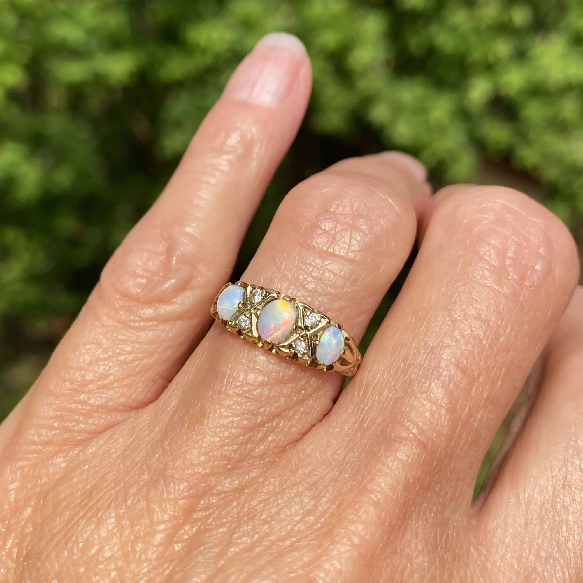 Vintage Gold Diamond and Opal Three Stone Ring Band