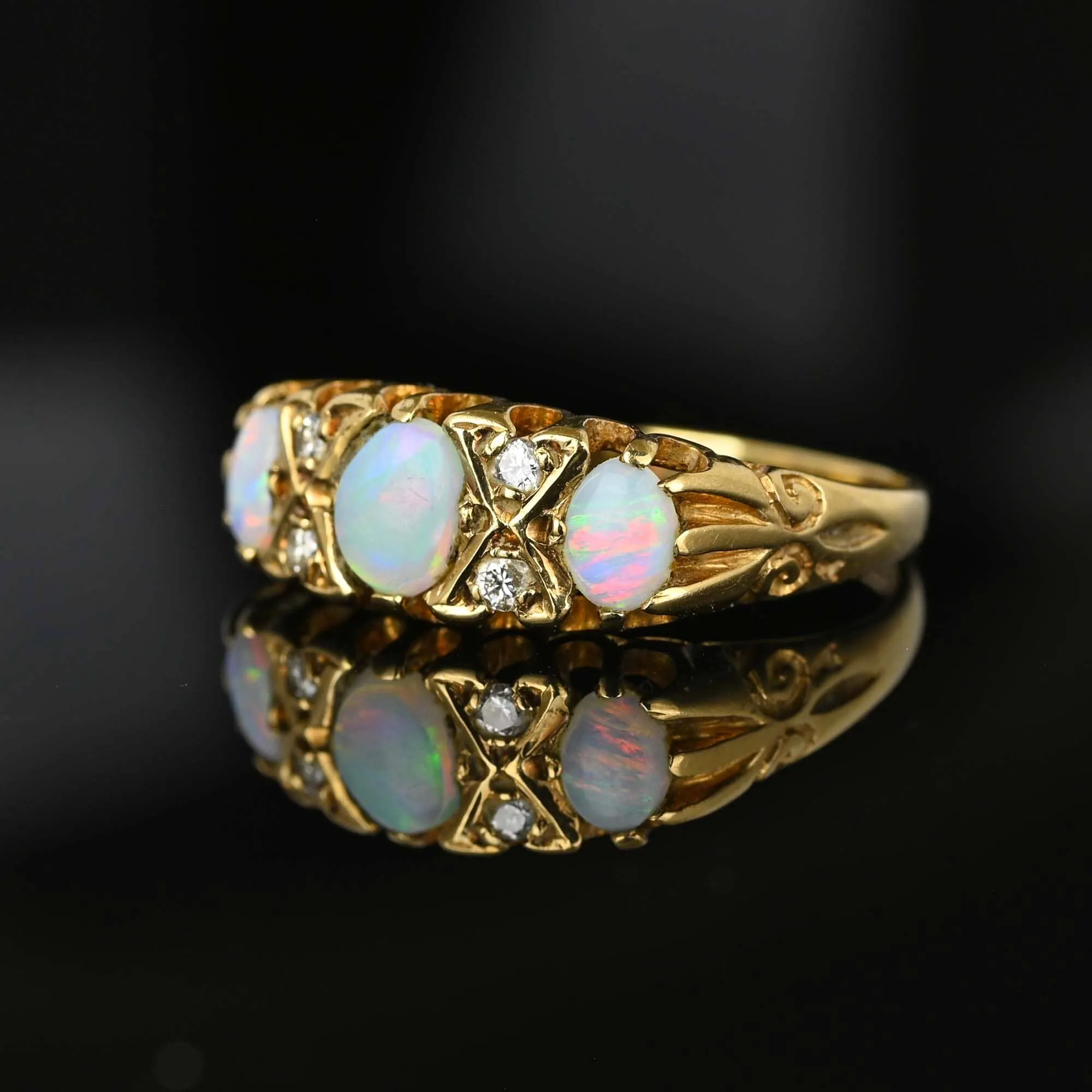 Vintage Gold Diamond and Opal Three Stone Ring Band