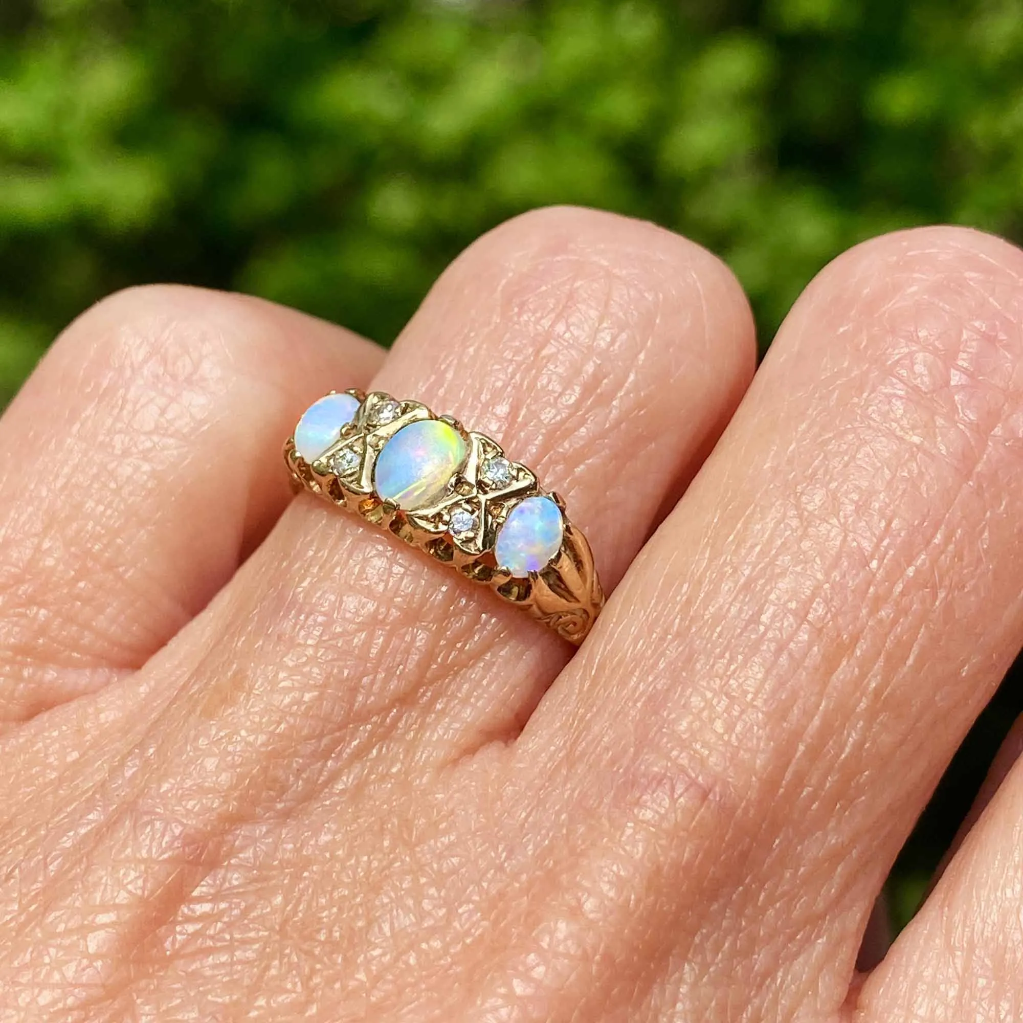 Vintage Gold Diamond and Opal Three Stone Ring Band