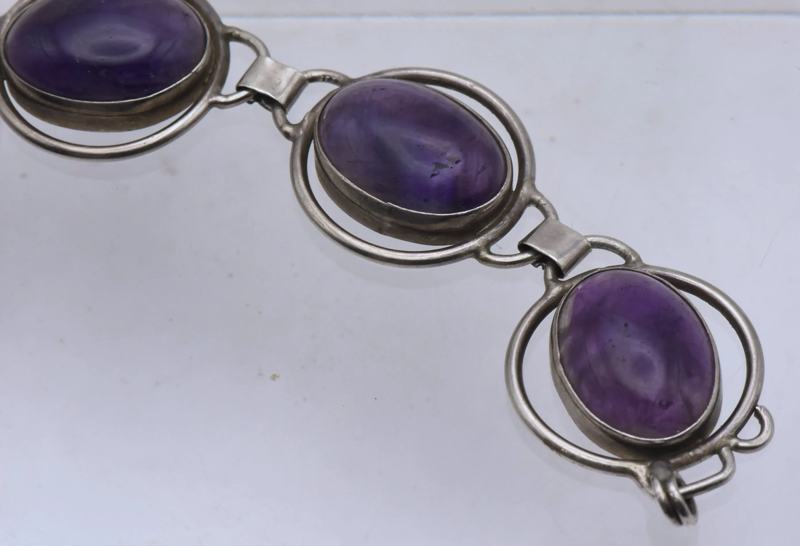 Vintage Handmade Sterling Silver Amethyst Cabochons Bracelet - 8"