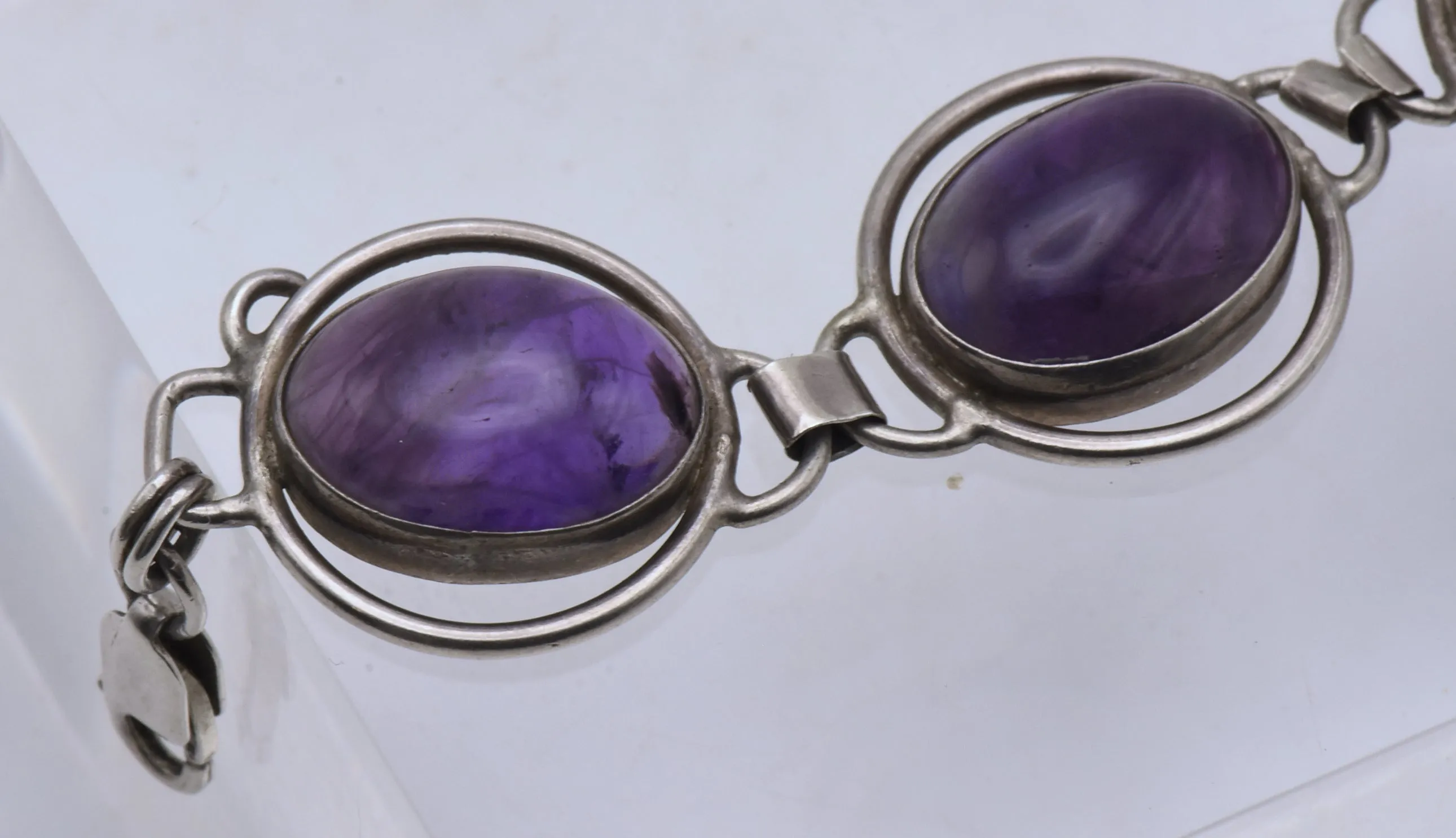 Vintage Handmade Sterling Silver Amethyst Cabochons Bracelet - 8"