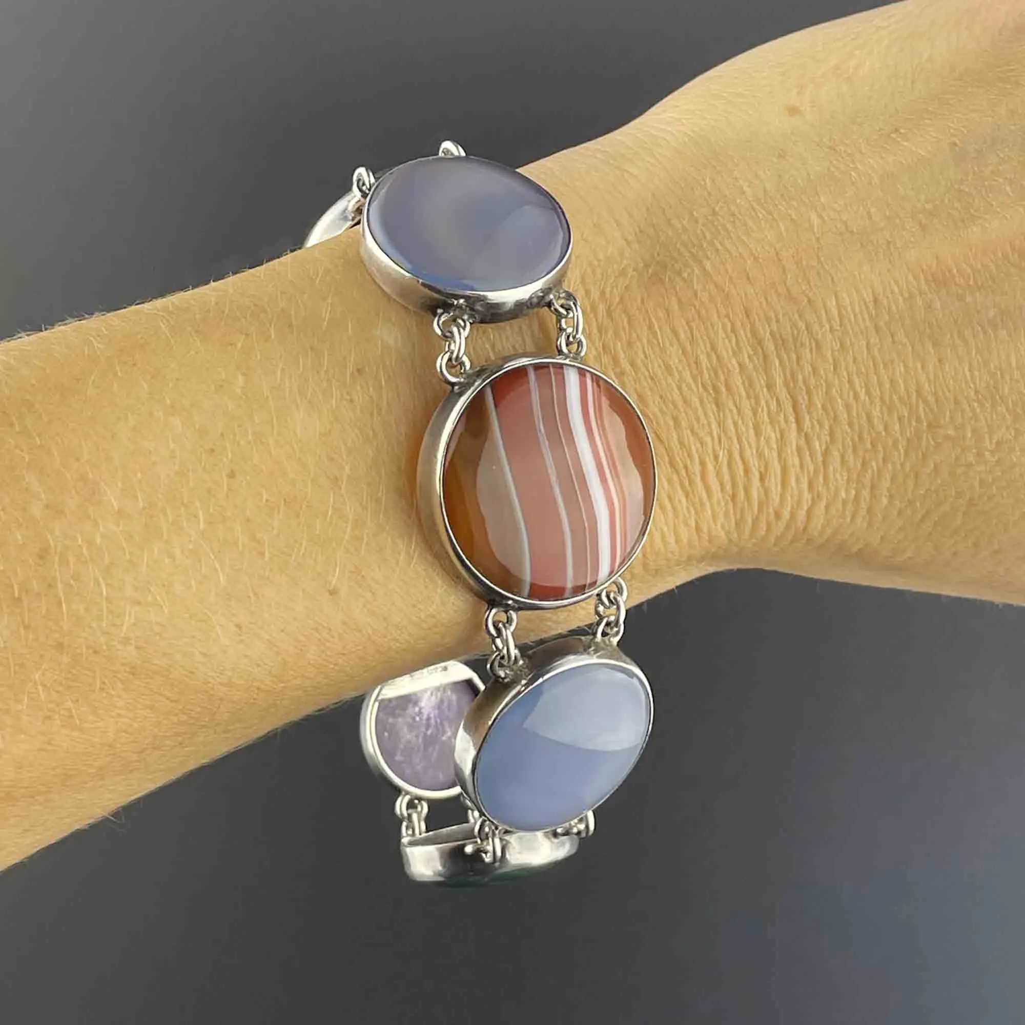 Vintage Scottish Banded Agate Amethyst Chalcedony Bracelet