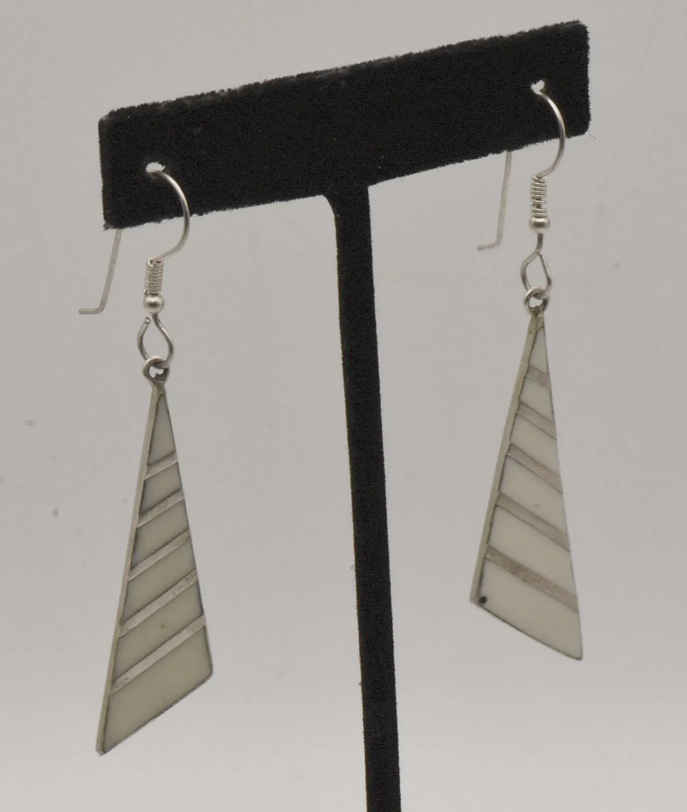 Vintage Silver Tone Metal Enameled Triangle Dangle Earrings