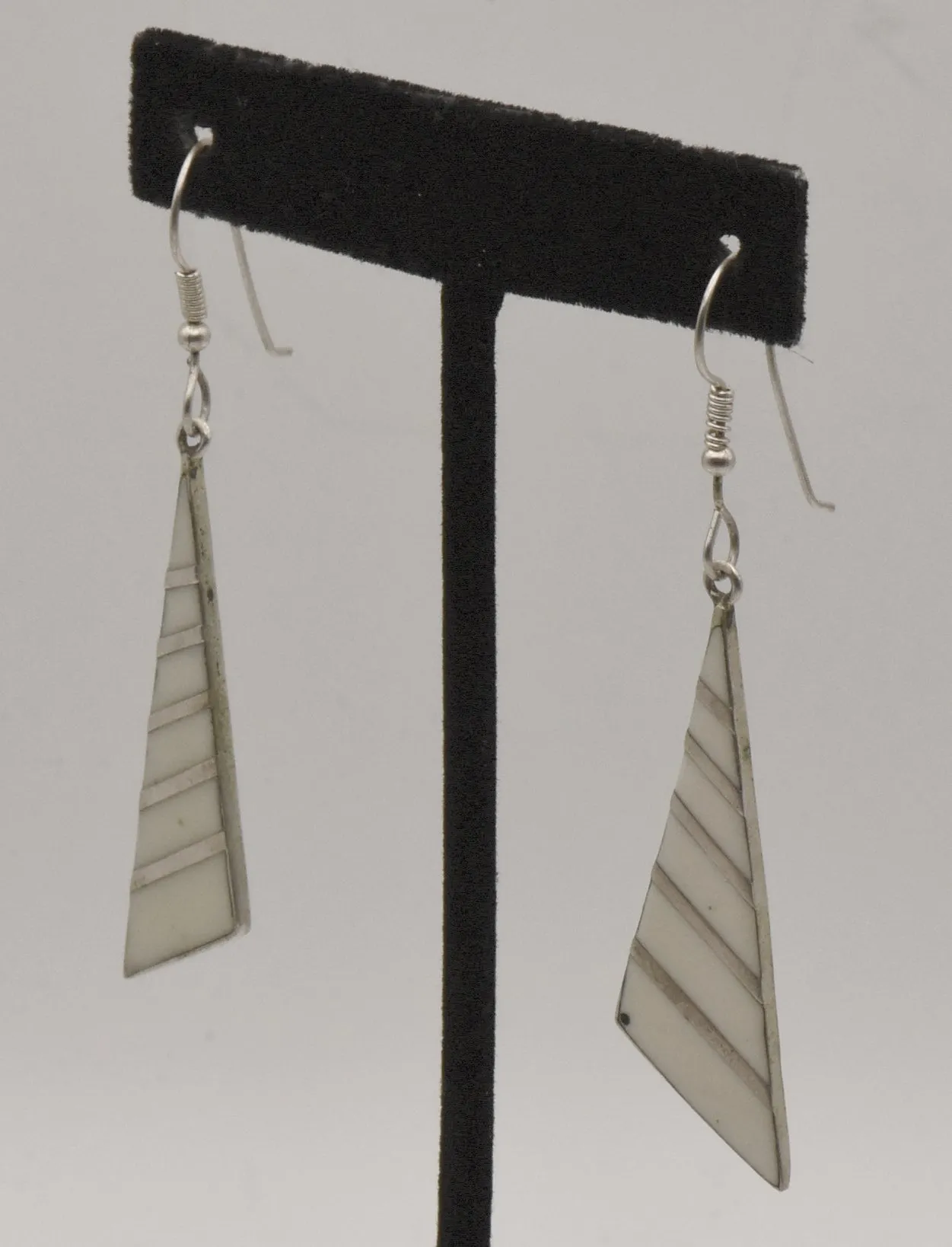 Vintage Silver Tone Metal Enameled Triangle Dangle Earrings