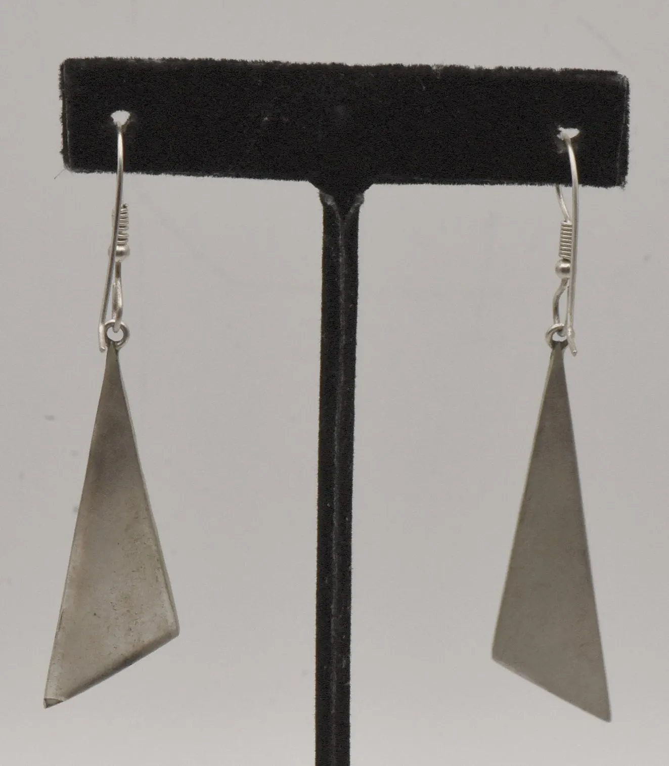 Vintage Silver Tone Metal Enameled Triangle Dangle Earrings