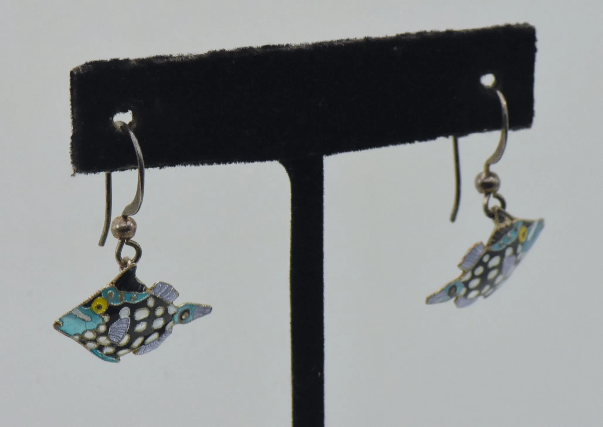 Vintage Sterling Silver Tropical Fish Enameled Dangle Earrings