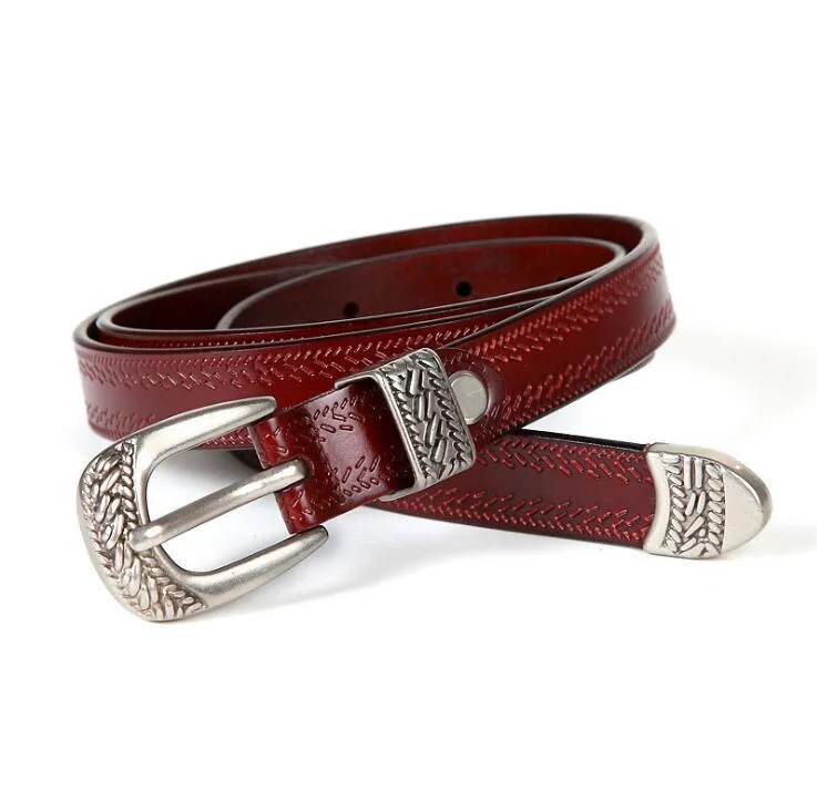 Western Cowgirl Belt Genuine Leather Etched Silver Metal Buckle 4 Sizes Available Metal Tip And Belt Loop Real Cowhide Choose White Black Ox Blood Red Dark Brown Or Camel Great With Jeans Maxi Dresses Kimonos Shorts