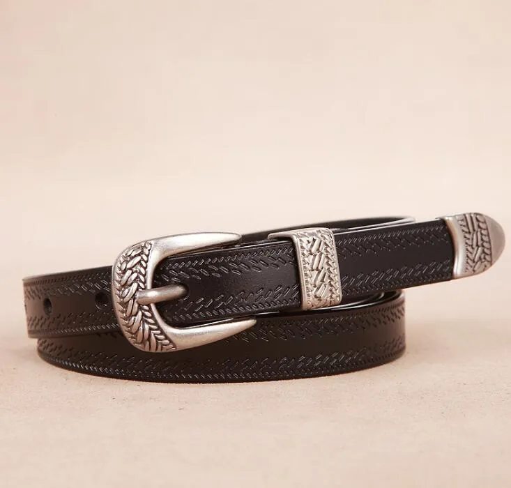 Western Cowgirl Belt Genuine Leather Etched Silver Metal Buckle 4 Sizes Available Metal Tip And Belt Loop Real Cowhide Choose White Black Ox Blood Red Dark Brown Or Camel Great With Jeans Maxi Dresses Kimonos Shorts